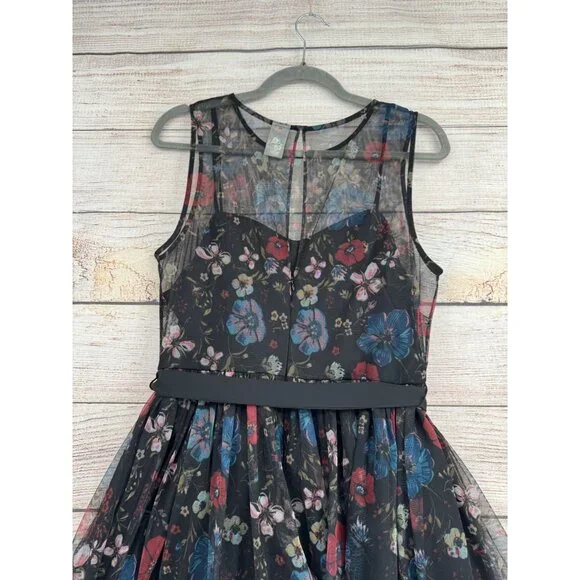 Disney Lauren Conrad Floral Semi Sheer Lined‎ Dress Women's 10 Black/Blue/Red - Picture 4 of 13